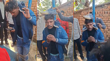 चोरी करते पकड़ाया चोर, ग्रामीणों ने सिर पर जूते रखवाकर चौराहे पर खंभे से बांध जमकर पीटा